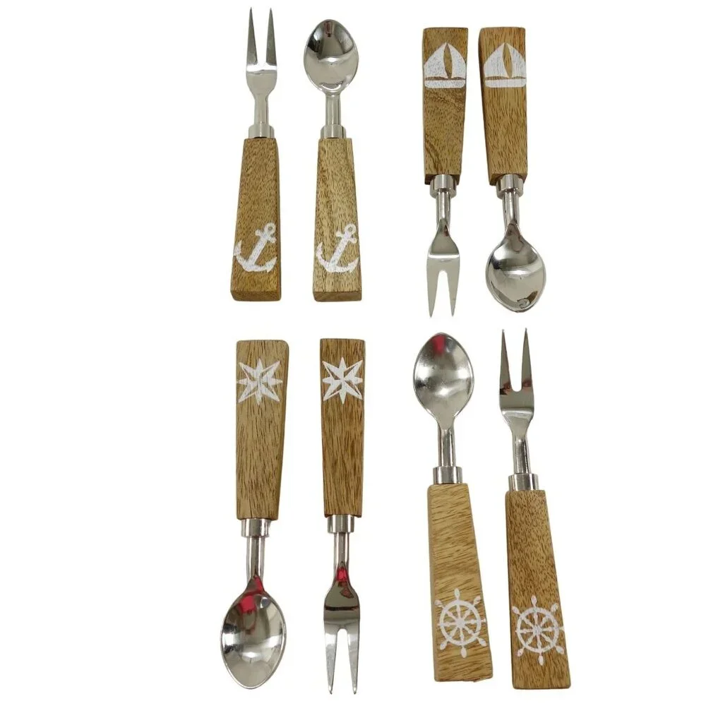 Vintage Fork and‎ Spoon Set Cocktail Appetizer Wood Handle Nautical Design 8 Pc